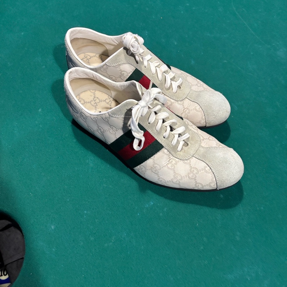 Gucci Off-White Monogram Sneakers with Green and Red Stripe